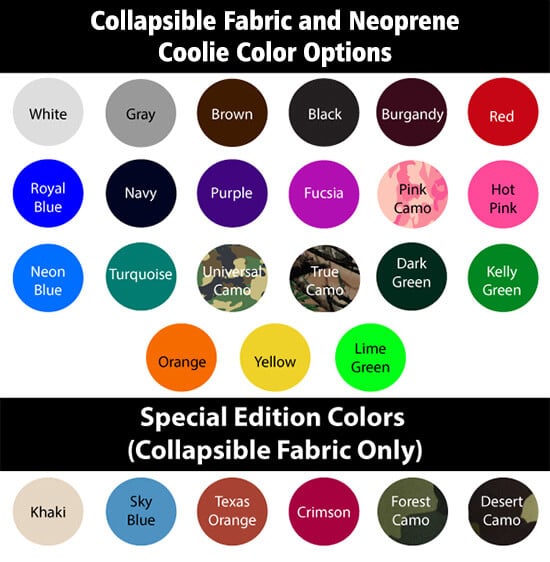 27 differents Collapsible fabric and neoprene koozies color options