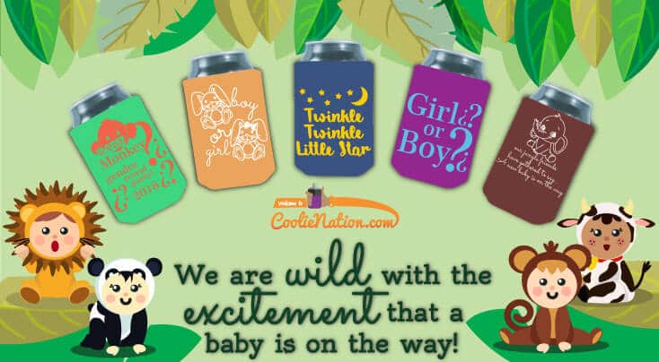 Animal party for gender reveal with koozies in different styles