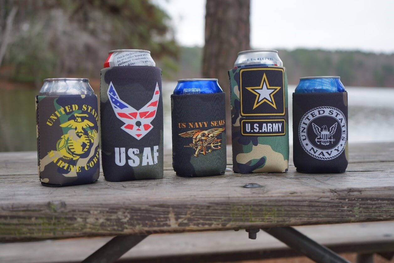 Koozies Military Camo Designs. Customized and full color printing at coolienation.com