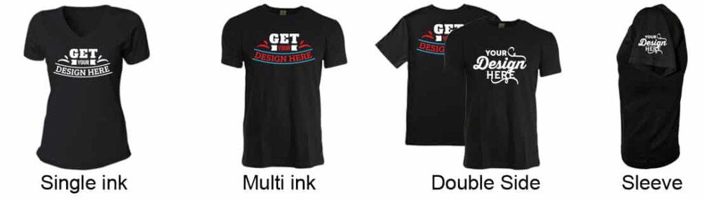 Example of a t-shirt with multiple print placements, including front, back, and side option