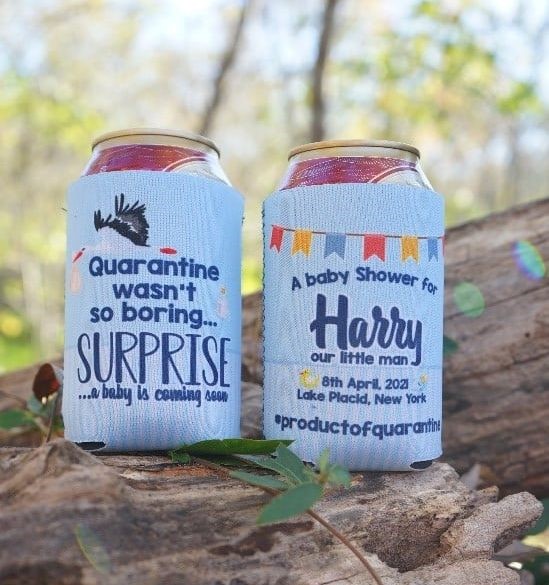 Personalized baby shower koozies with cute baby-themed designs