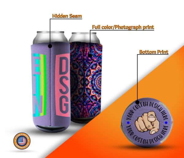 tall slim can koozie for hard seltzer cans with hidden seam and printed bottom available