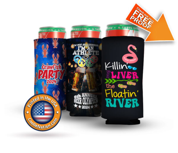 Three personalized slim koozies for red bull cans with family reunions and wedding events designs