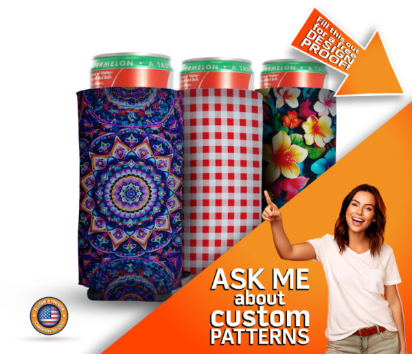 girl offering customized koozies patterns available with full color print for slim can coozy