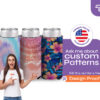 Custom 12 oz slim can koozies with colorful pattern designs from CoolieNation.