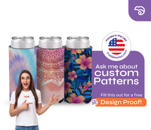 Custom 12 oz slim can koozies with colorful pattern designs from CoolieNation.