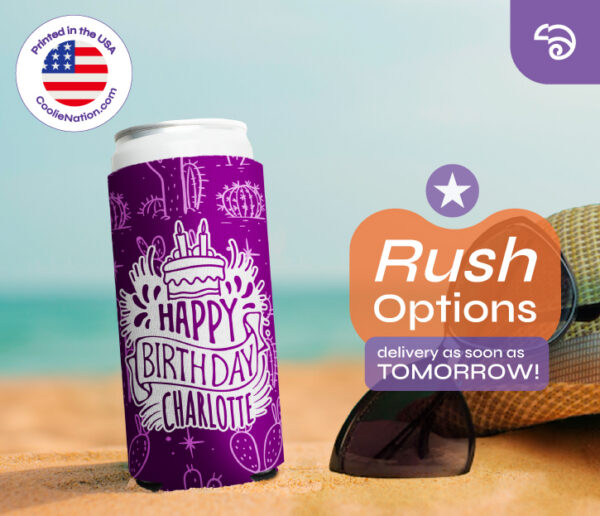12 oz slim can koozie for birthday party with rush delivery options