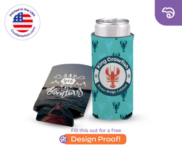 Custom 12 oz slim can koozie with logo and full color print design.