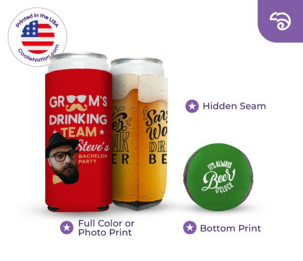 Personalized 12 oz slim can koozies with photo print and hidden seam design.
