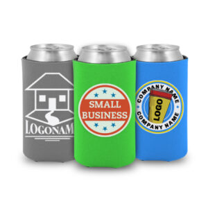 three pack koozie for mini can beer 8 ounce slim with small business design on them