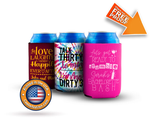three personalized bachelorette, anniversary and birthday custom koozies printed in the usa