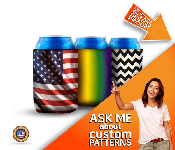 girl offering custom coozies patterns available with full color printed