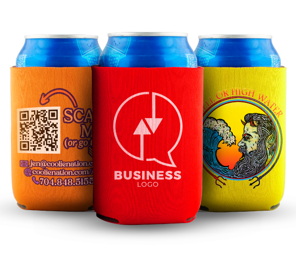 Three custom can koozies featuring unique designs, perfect for keeping your beverages cool and adding a touch of style.