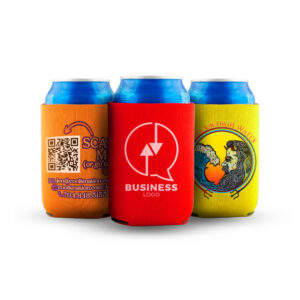 Three custom can koozies featuring unique designs, perfect for keeping your beverages cool and adding a touch of style.
