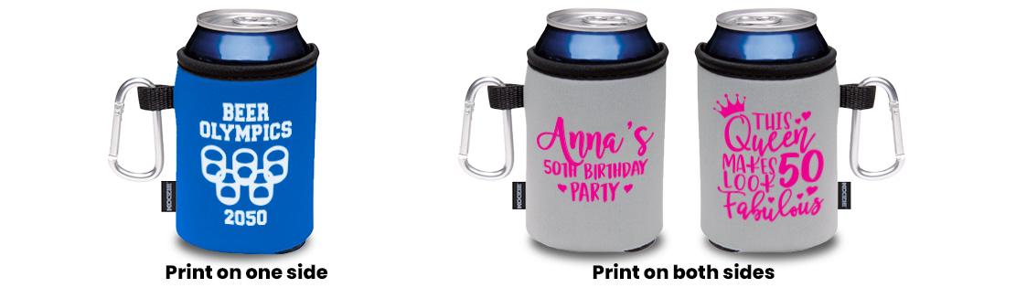 Custom koozie with a carabiner and single ink design printed on both sides