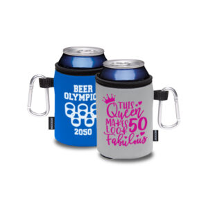 Custom blue and grey carabiner koozie with a fun birthday and party design in single ink