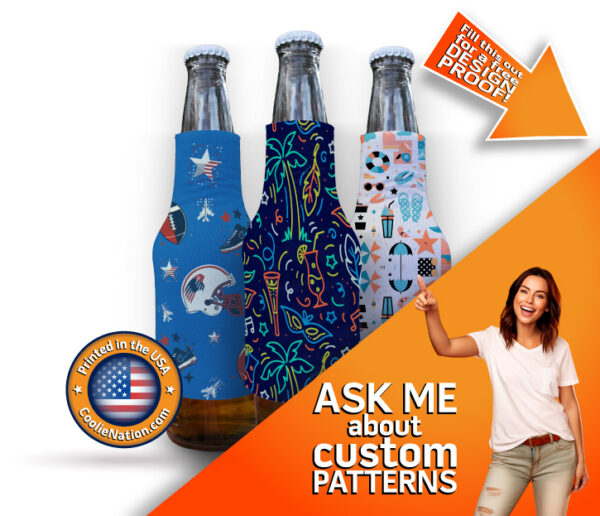 Custom slip-on bottle koozie with a variety of pattern designs