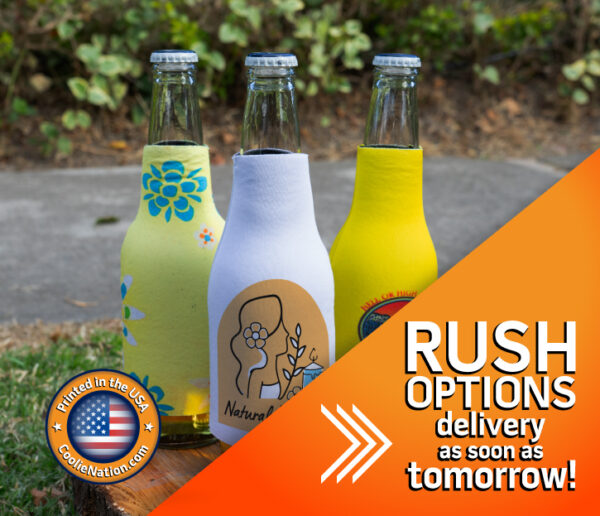 Custom slip-on bottle koozie with various designs and rush shipping offer