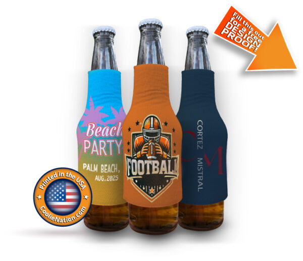 Personalized slip-on bottle koozies with full-color designs