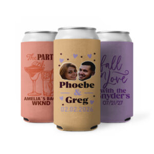 Three custom skinny can koozies with wedding design on them