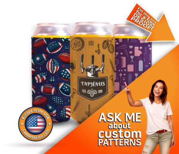 Three different collapsible neoprene koozies, each with a fun custom design for drinks.