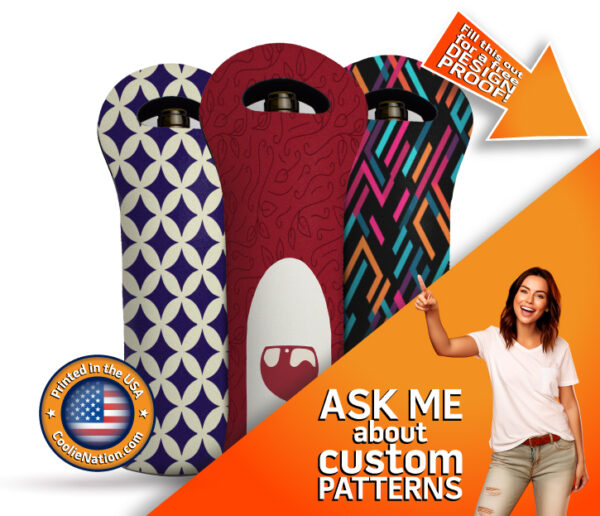 Custom neoprene wine tote coolies with a variety of pattern designs