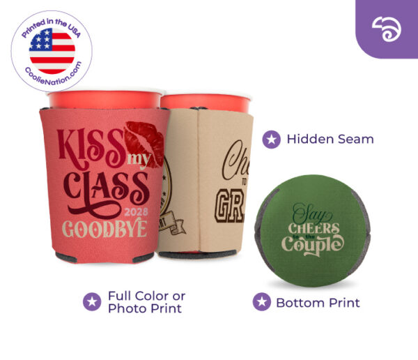Custom solo cup koozies with hidden seam and bottom print options from CoolieNation