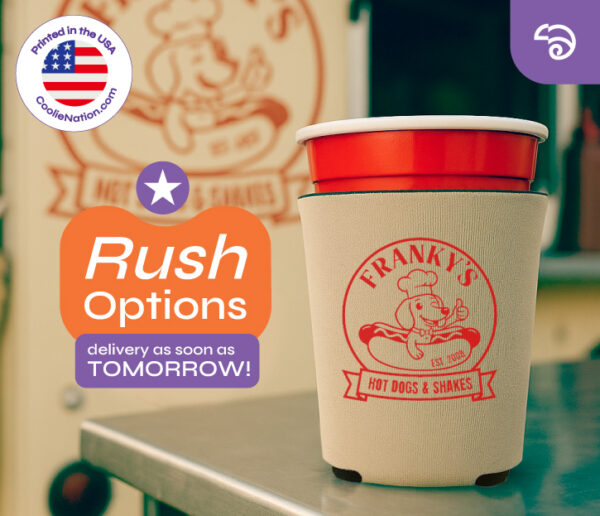 Custom solo cup koozie with logo print and rush delivery from CoolieNation.
