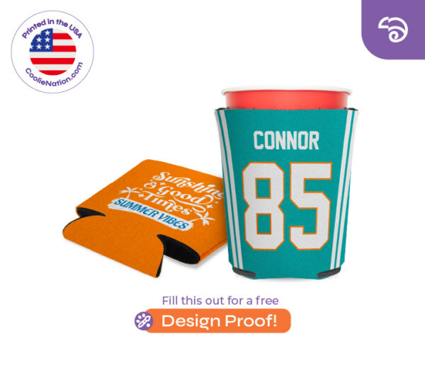 Personalized solo cup koozie with custom name and number print.