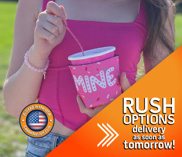 Girl enjoying ice cream with a pink ice cream pint koozie