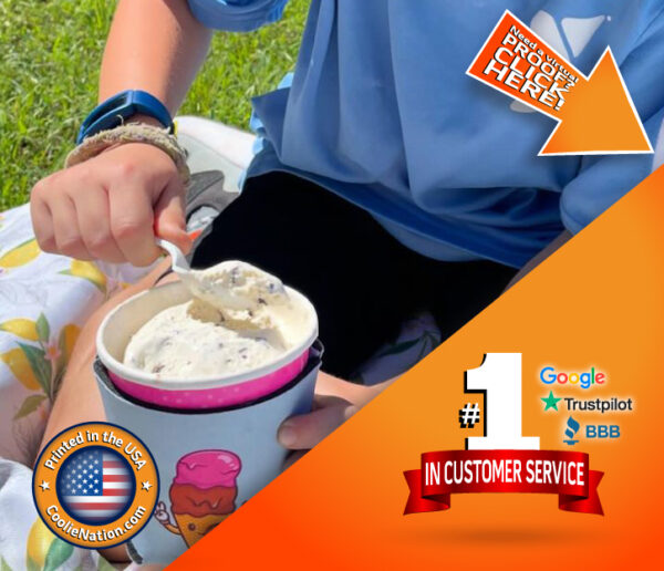 child enjoying ice cream with a colorful koozie