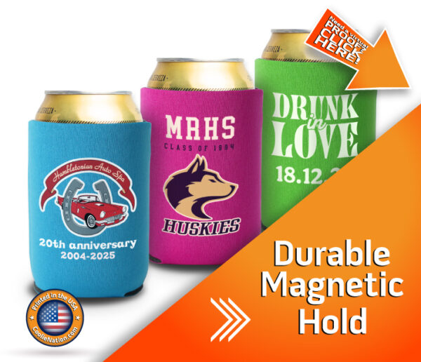Custom magnetic koozie with a simple single ink print and full color print
