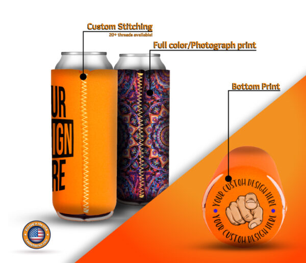 Tall skinny koozies available to customize with single ink or full color print in the USA