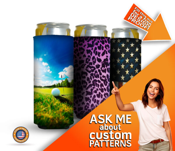 girl offering customized koozies patterns available with full color print for skinny can koozie