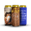 Three custom skinny can koozies with wedding design on them