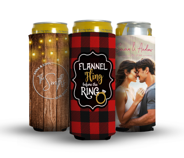 Three custom skinny can koozies with wedding beach design on them