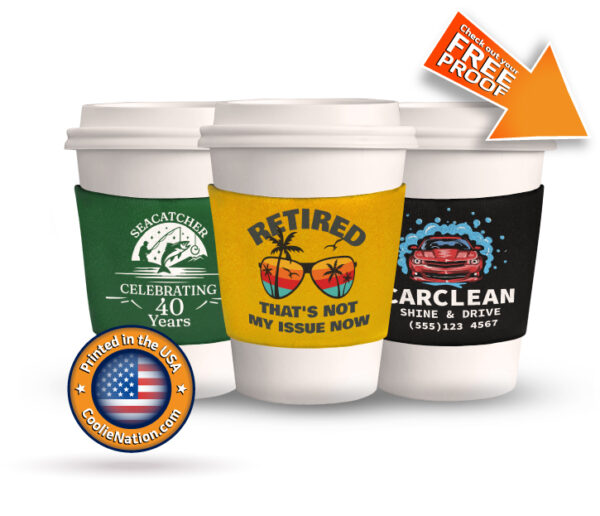 Collection of neoprene coffee koozie sleeves with diverse print options