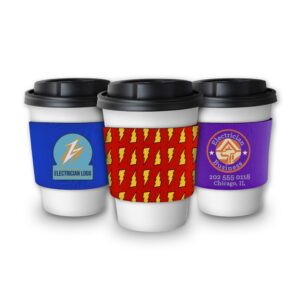 set of three neoprene coffee sleeves for hot or cold drinks to promote business logo and employee gifts with customized designs
