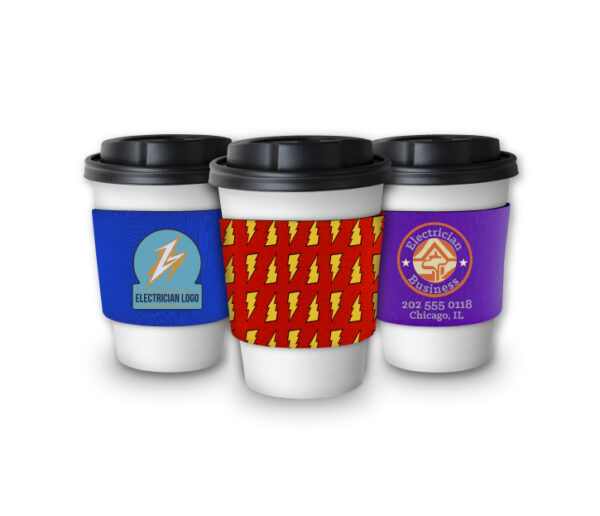 set of three neoprene coffee sleeves for hot or cold drinks to promote business logo and employee gifts with customized designs