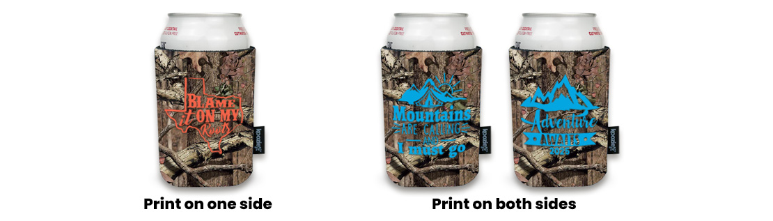 Mossy Oak koozie with vibrant camo print on both sides
