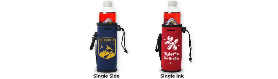 Single ink printed custom neoprene water bottle coolie for corporate events, fitness activities, or casual gatherings.