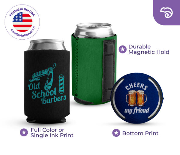 Custom collapsible magnetic can cooler with durable magnetic hold, full color or single ink print, and custom bottom print option
