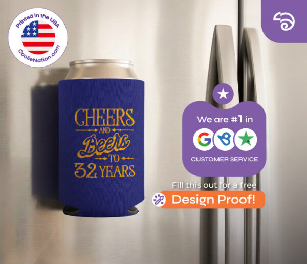 Personalized magnetic can cooler attached to refrigerator door with custom anniversary beer design