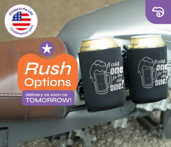 Custom magnetic beer can koozies attached to metal motorcycle surface with rush delivery option available