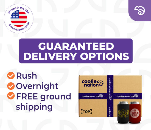 Bulk custom magnetic can coolers with guaranteed rush, overnight, and free ground shipping options