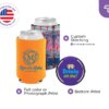 Three custom neoprene can koozies with text about stitching, full-color print, and bottom printing