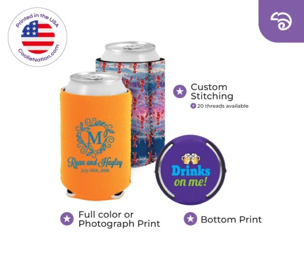 Three custom neoprene can koozies with text about stitching, full-color print, and bottom printing