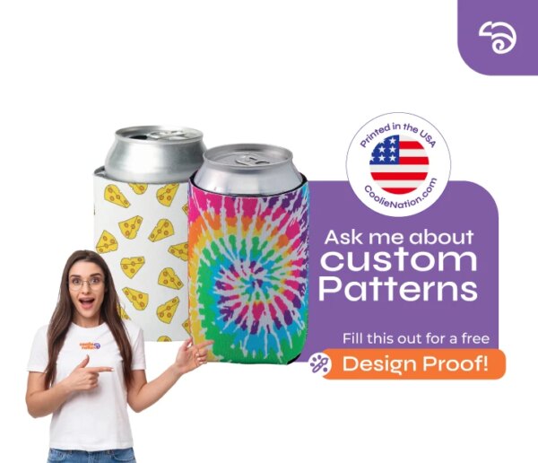 Personalized neoprene can coolers with custom design patterns, ideal for any event. Ask about custom patterns today.