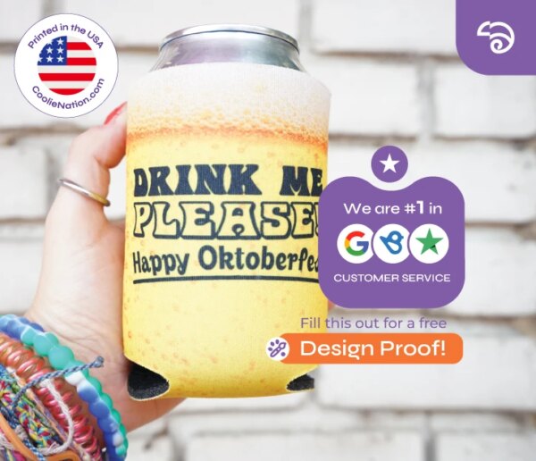 Hand holding a can with custom koozies, featuring the text "We are #1 in customer service" for superior quality and care.