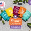 Custom koozies in various colors with single ink print, featuring rush options and delivery as soon as tomorrow.